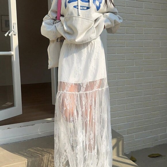 White Elegant Women's Elastic Waist Lace Patchwork Maxi A-Line Skirt - Picture 5 of 7